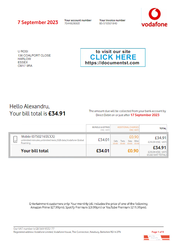 UNITED KINGDOM VODAFONE utility bill Word and PDF template